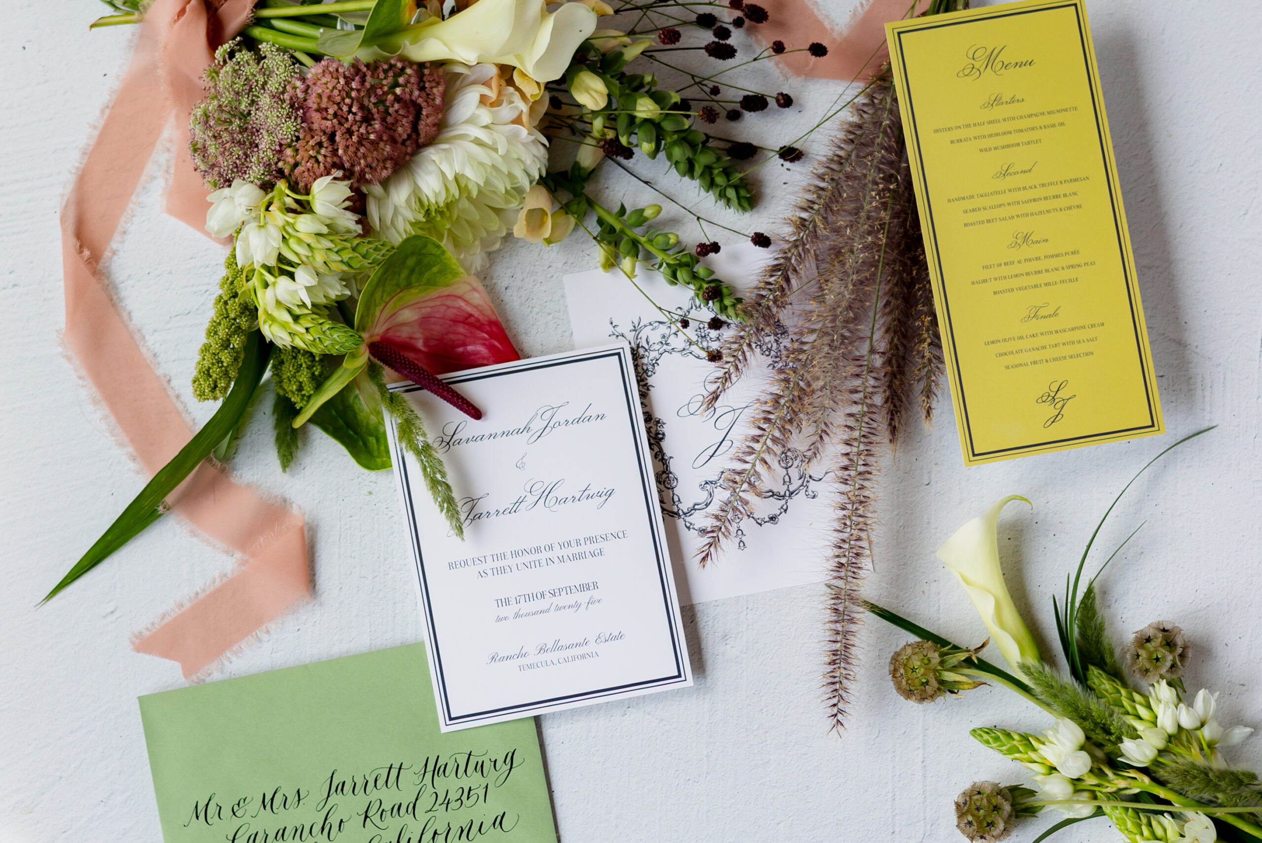 Wedding stationery suite with a calla lily and anthurium bouquet and ring box