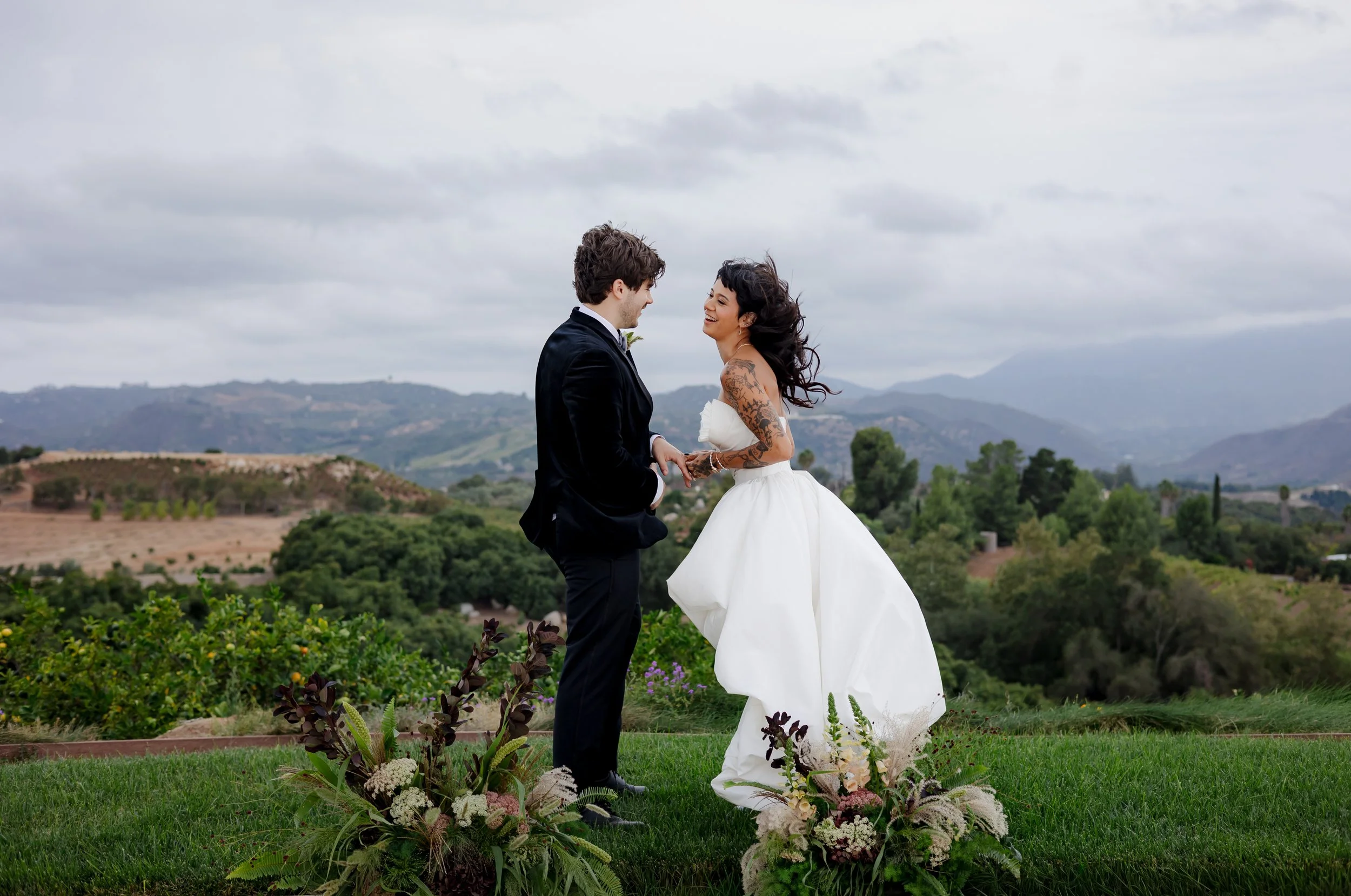 bride and groom hill wedding white flowers